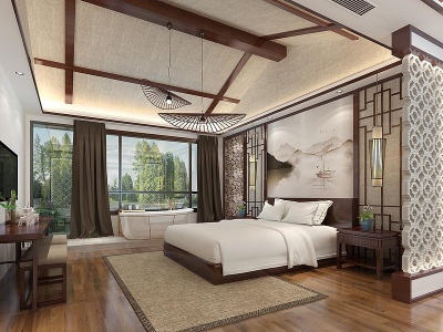 3d新中式东南亚酒店客房模型
