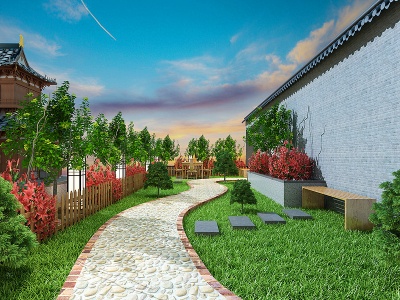 3d新中式庭院景观小品建筑模型