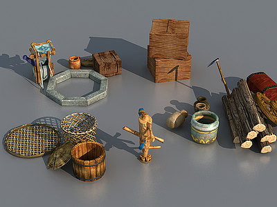 3d农家杂物箩筐木桶木桩模型