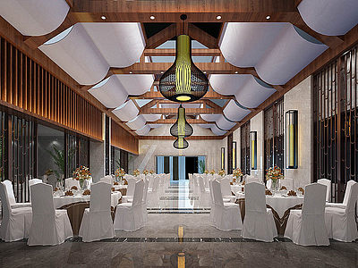 新中式宴会厅宴会桌椅模型3d模型
