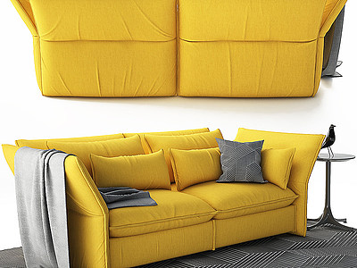 3d黄色绒布双人沙发模型