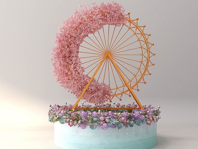 3d现代花环水车摆件造景花卉模型