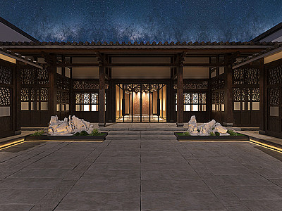 中式庭院户外景观星空夜景模型3d模型