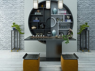 3d新中式茶桌新中式背景柜模型
