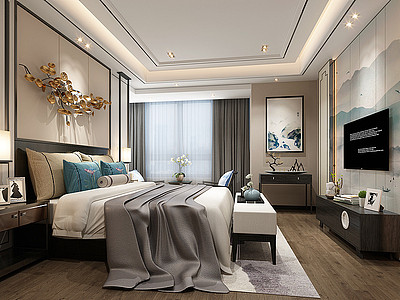 3d新中式现代主卧室模型