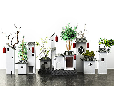 3d新中式江南风房屋装饰摆件模型
