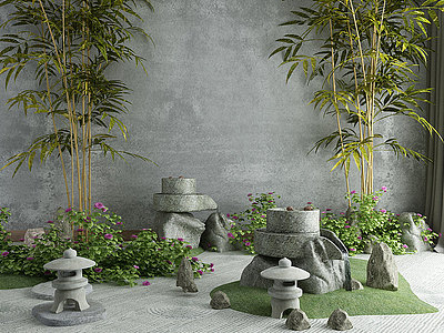3d新中式庭院石磨景观小品模型