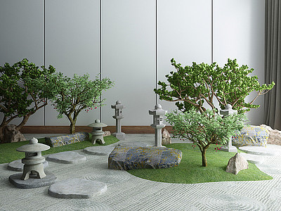 3d新中式庭院假山景观小品模型