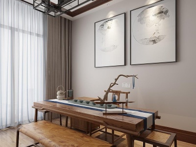 3d新中式茶室茶桌椅禅意茶具模型