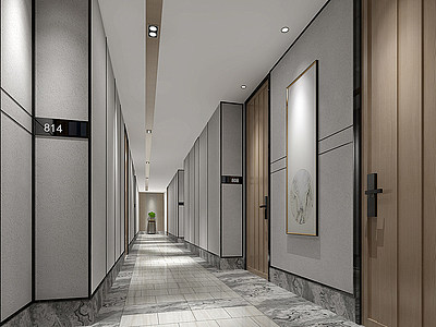 3d现代新中式酒店客房走廊模型