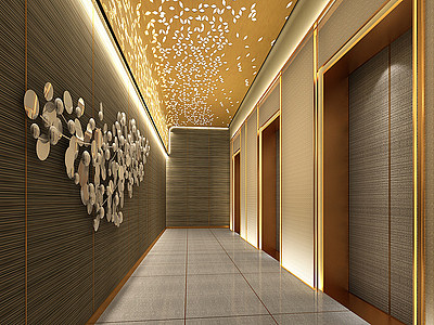 3d现代新中式酒店会所电梯间模型