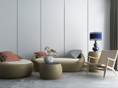 3d竹编藤椅沙发茶几组合模型