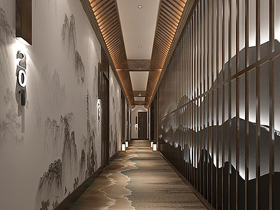 3d新中式餐饮会所茶室走廊模型