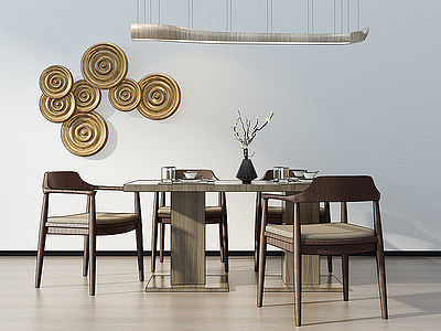 3d北欧新中式餐桌椅吊灯挂饰模型