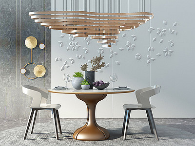 3d餐桌椅金属吊灯雕花背景模型