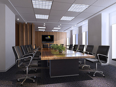 3d现代会议室会议桌格栅灯模型