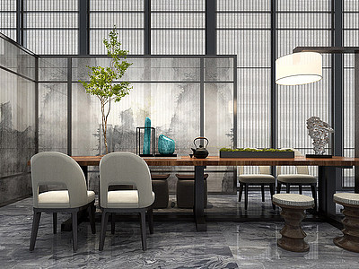 新中式茶桌椅屏风茶室模型3d模型