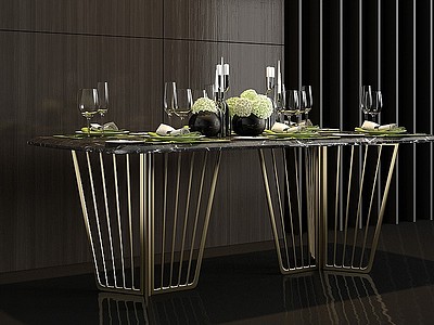 3d金属大理石餐桌餐具组合模型