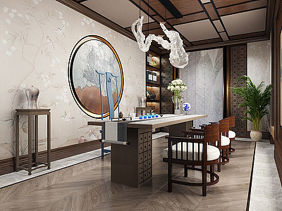 3d新中式书房茶室茶桌椅模型