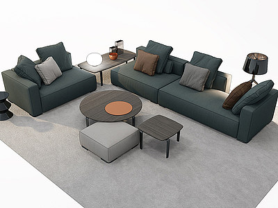 3d现代布艺多人沙发茶几组合模型