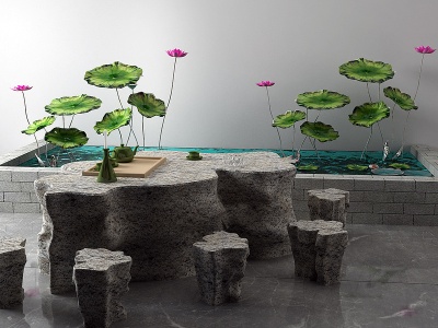 新中式景观小品荷花水池模型3d模型