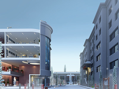 3d现代商业区街道雪景模型