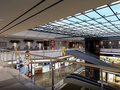 3d新中式业空间商场过道模型