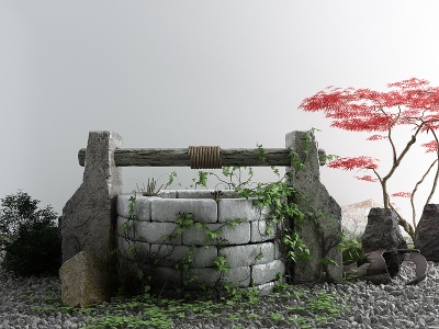 新中式庭院景观小品古井模型3d模型