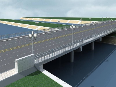 3d跨河桥栏杆护坡立交桥模型