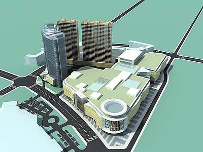 3d现代商场住宅办公鸟瞰规划模型