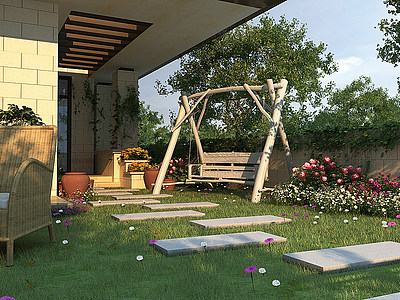 3d现代别墅庭院模型