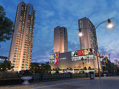 3d商业街夜景高层住宅商业模型