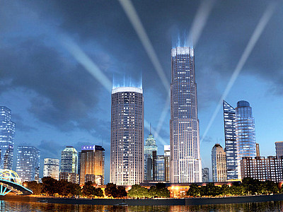 3d现代商业区城市夜景模型