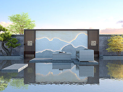 3d新中式庭院景观墙模型