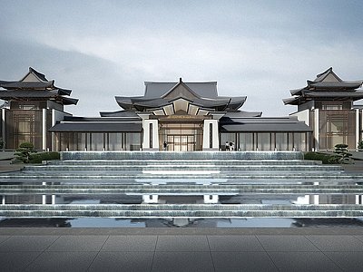 3d新中式酒店外观模型