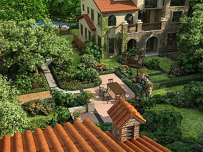 3d欧式别墅庭院园林景观模型