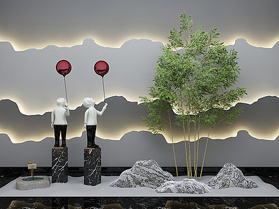 3d新中式园艺小品竹子假山模型