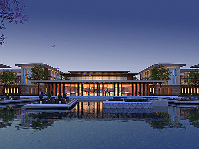 新中式会所建筑外观夜景模型3d模型