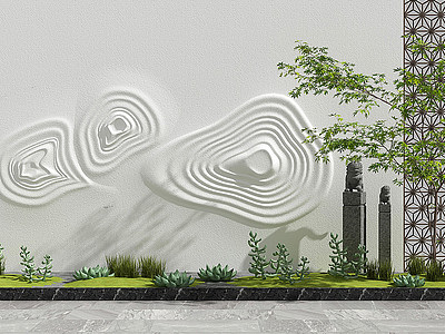3d新中式景观小品绿植背景墙模型