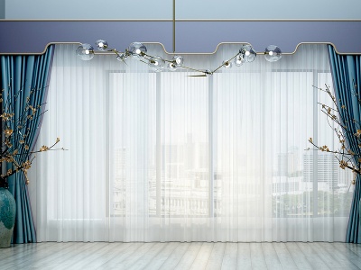 3d新中式窗帘吊灯组合模型