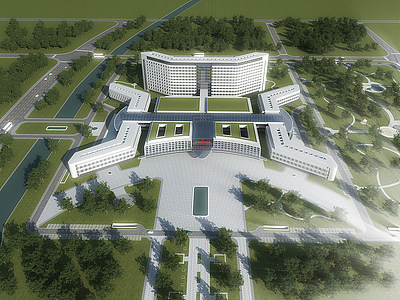 3d现代医院建筑鸟瞰规划模型