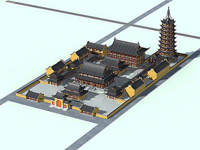中式禅寺寺庙古建模型