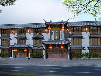 3d新中式酒店门头门面模型