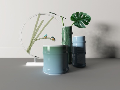 3d新中式竹节花瓶组合模型