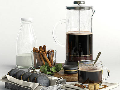 3d现代蛋糕咖啡牛奶食物饮料模型