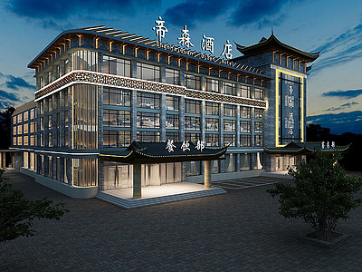 新中式酒店外观模型3d模型