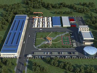 现代化工厂厂房鸟瞰规划模型