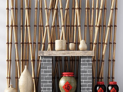 3d中式乡村竹子陶罐酒坛模型