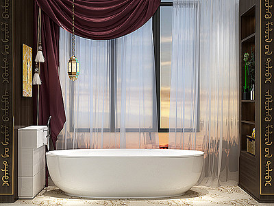 3d现代浴缸窗帘蒙古花纹组合模型