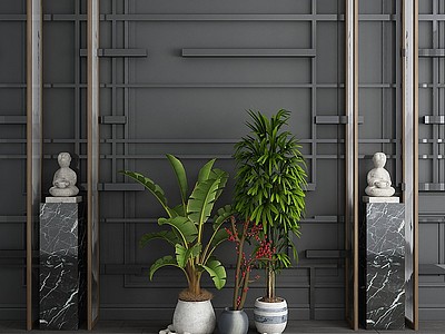 3d新中式石柱石雕绿植盆栽模型